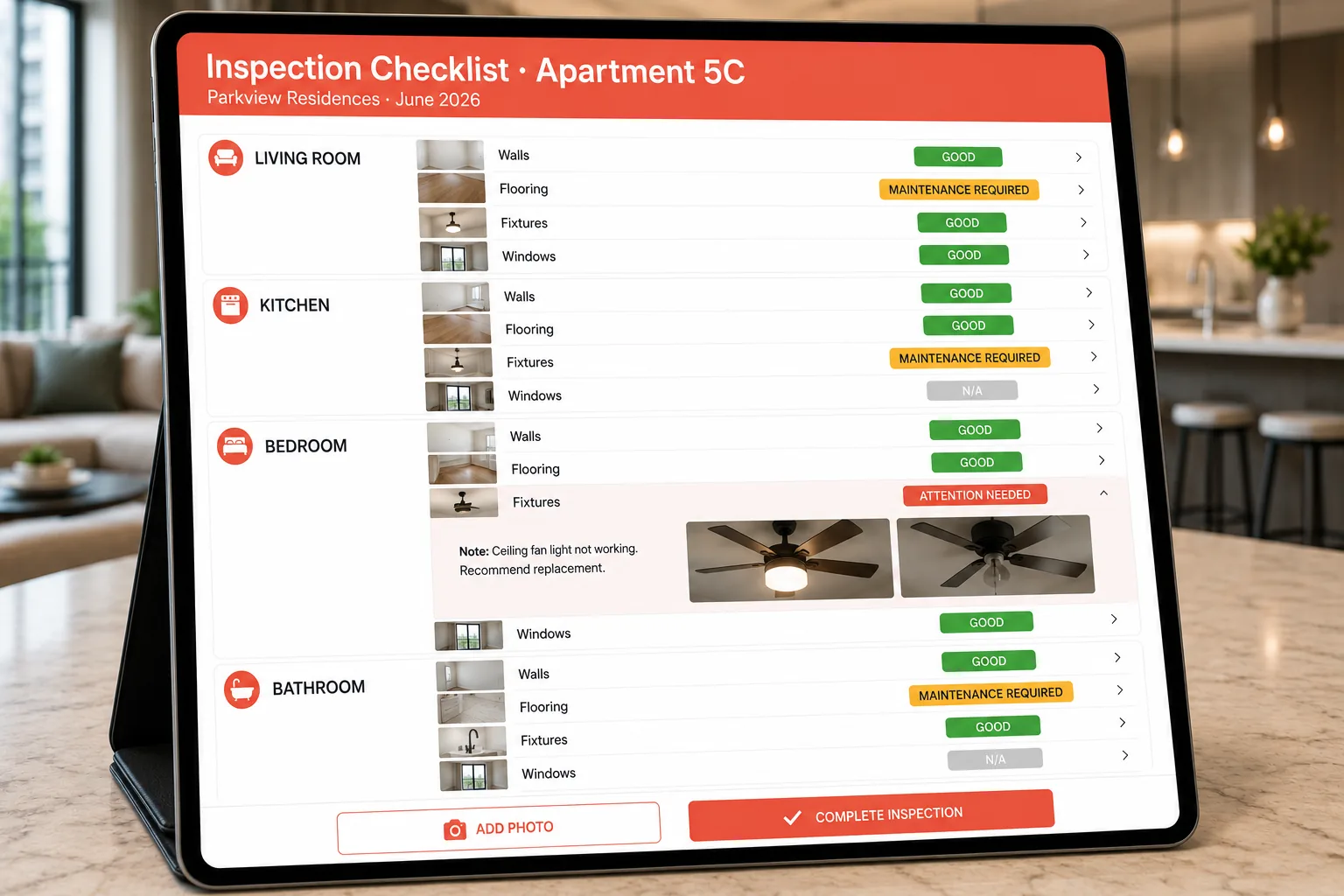 Apartment inspection checklist with photos and status on every item