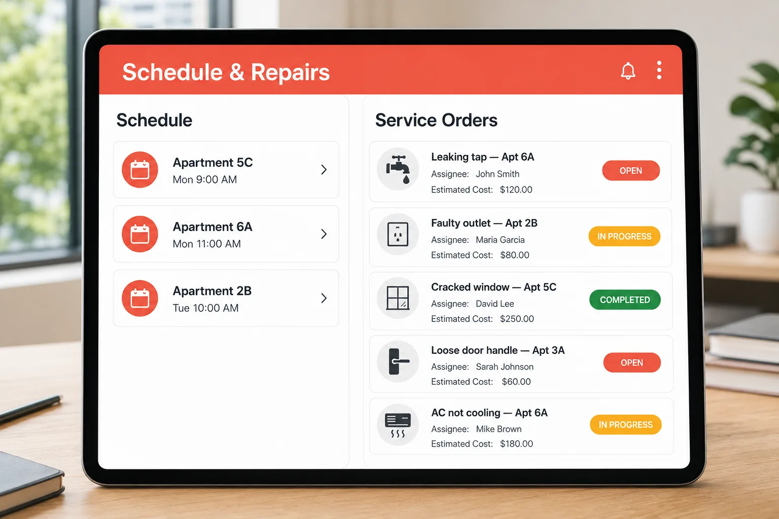Scheduling apartment inspections and tracking repairs
