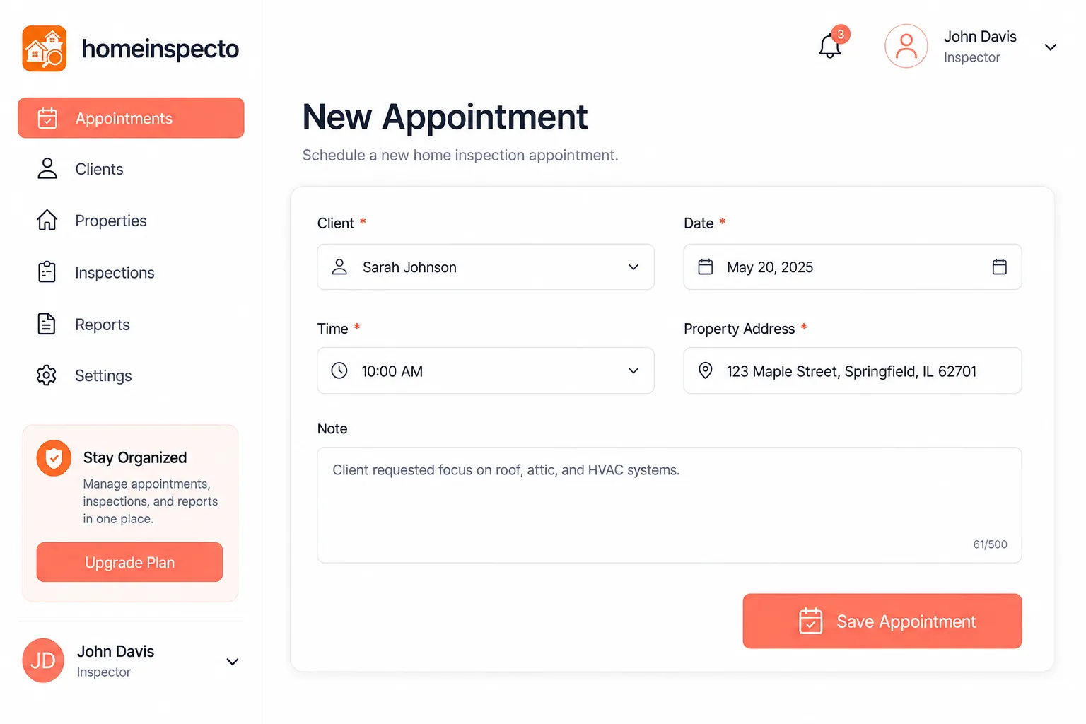 Booking an appointment with client, date, time, address and note