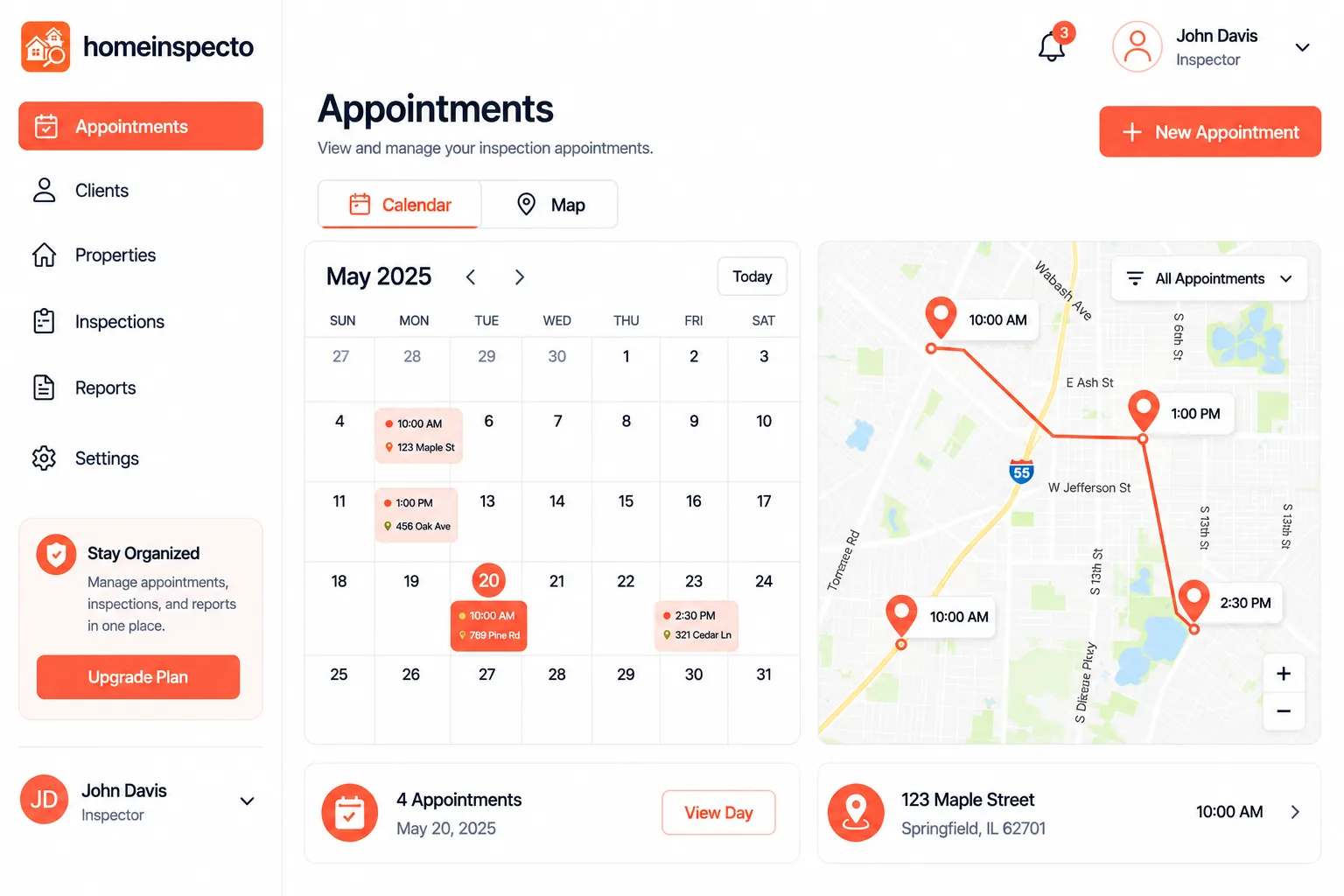 Calendar and map views of inspection appointments