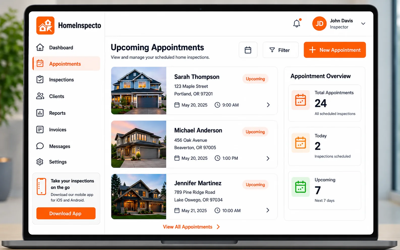 Home Inspecto appointments with calendar, map and upcoming visits