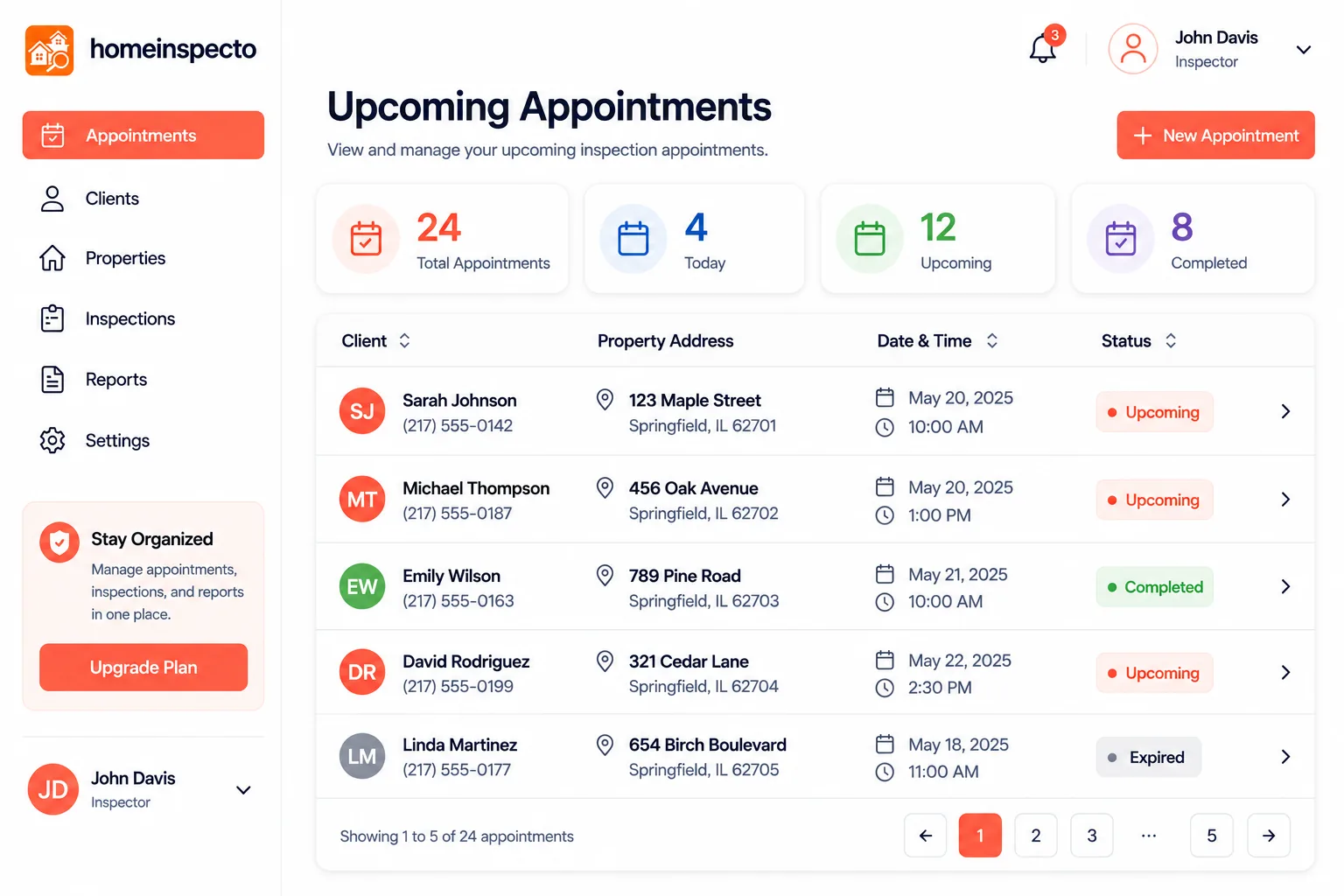 Upcoming and past appointments with status and totals