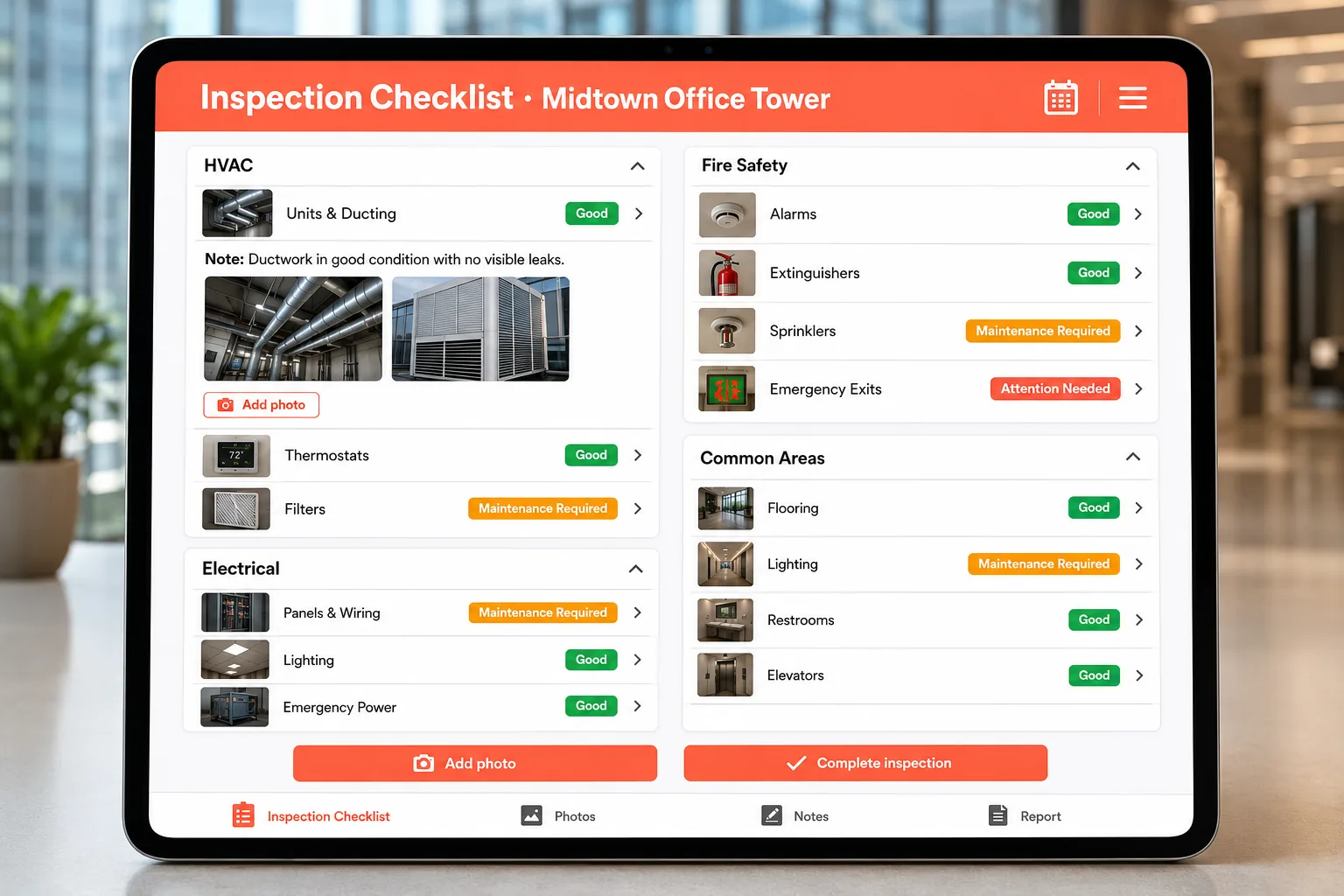 Custom commercial inspection checklist with systems, photos and status