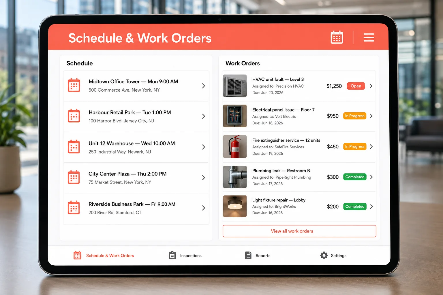 Scheduling commercial inspections and tracking repair work orders