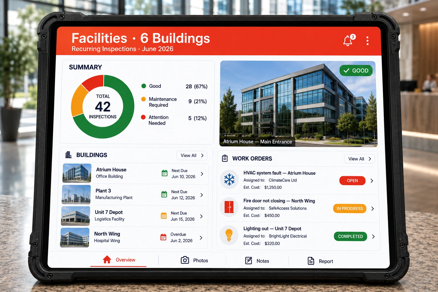 Home Inspecto app showing a facility inspection checklist on a tablet