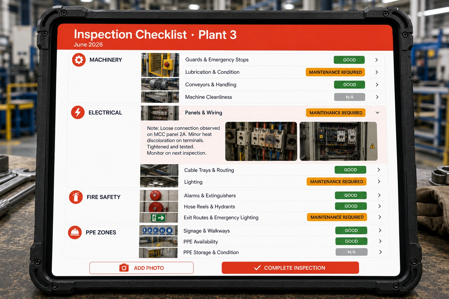 Custom factory inspection checklist with photos and status