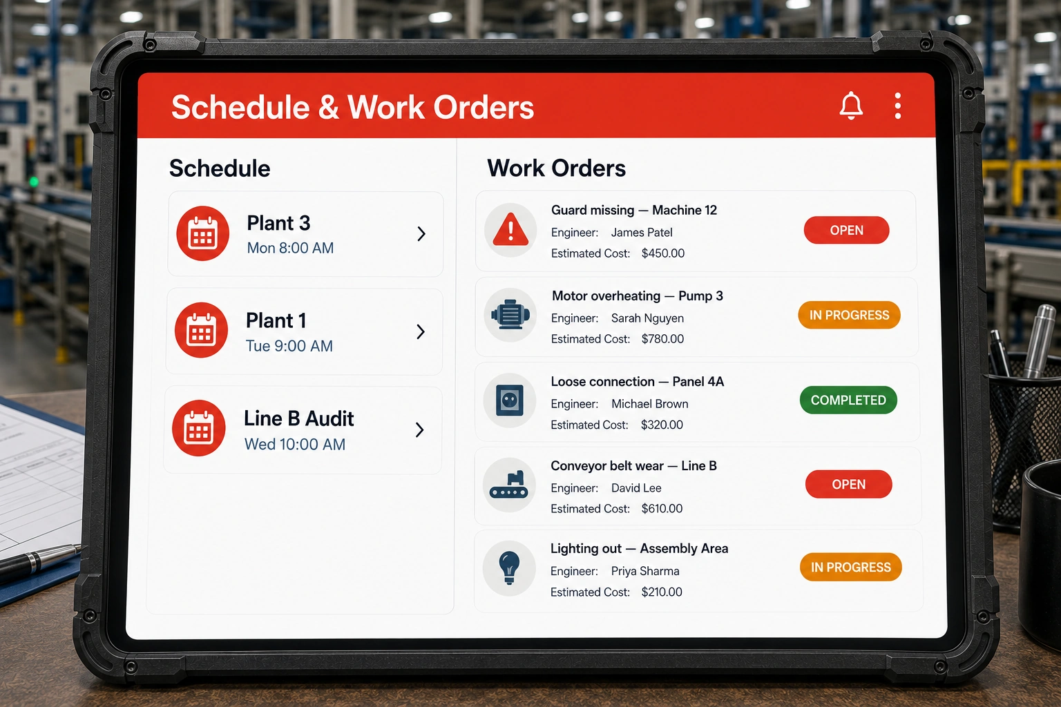 Scheduling factory inspections and tracking repair work orders