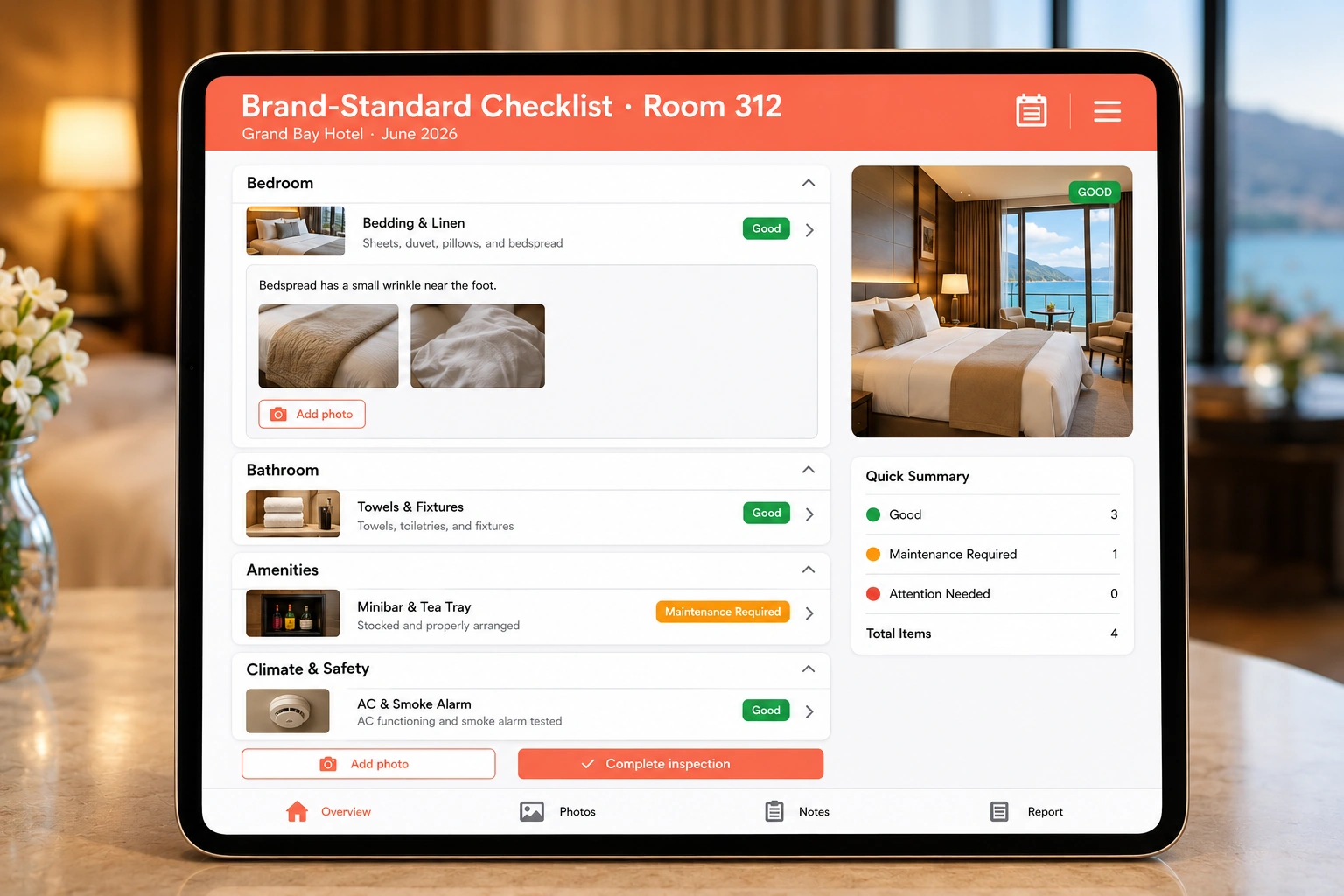Brand-standard guestroom checklist with photos and pass or fail status