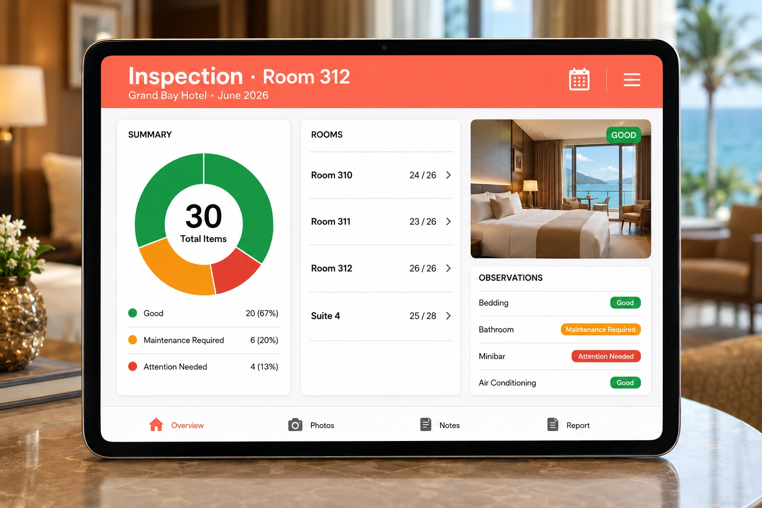 Hotel room being inspected to brand standard with Home Inspecto
