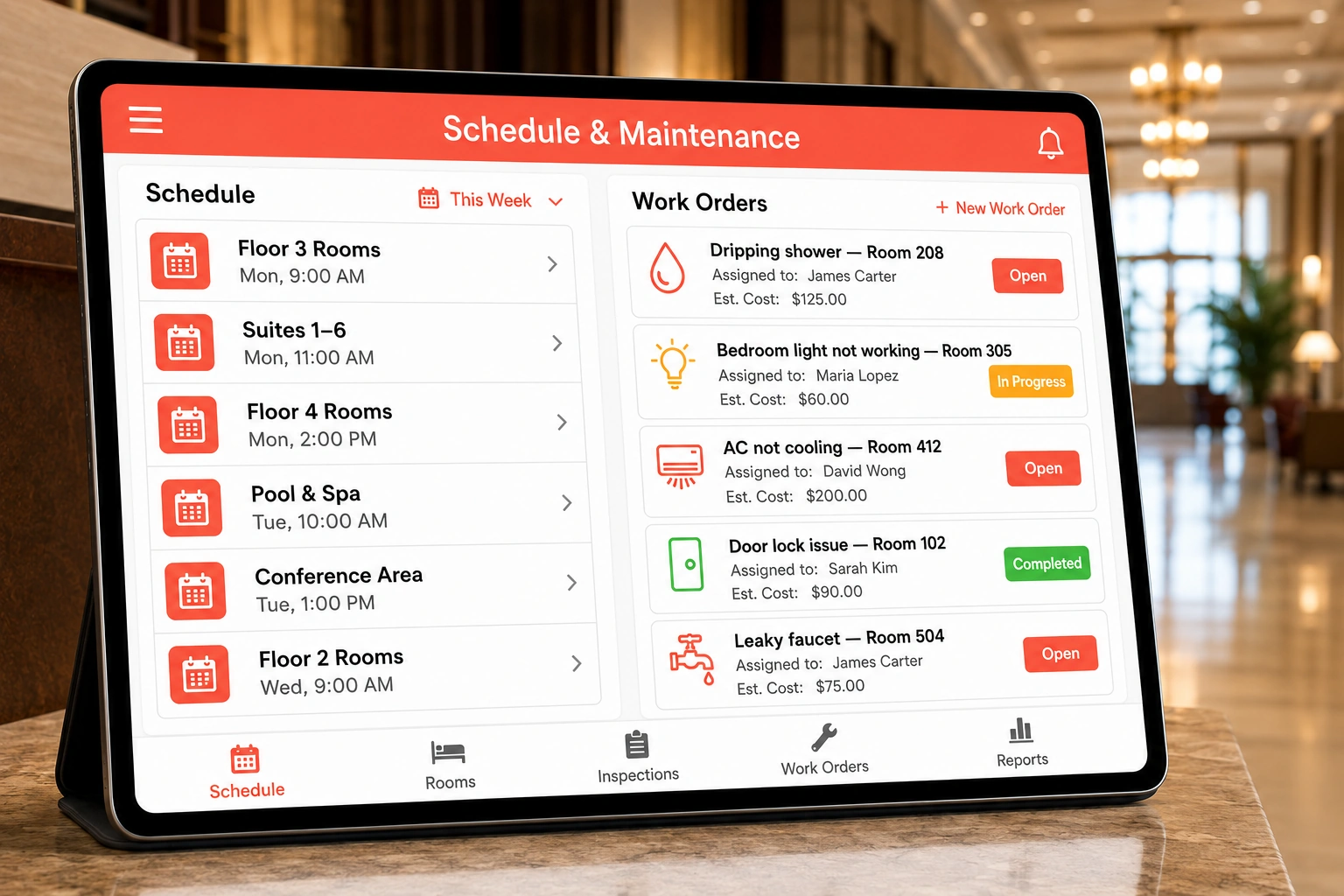 Scheduling room inspections and tracking hotel maintenance work orders