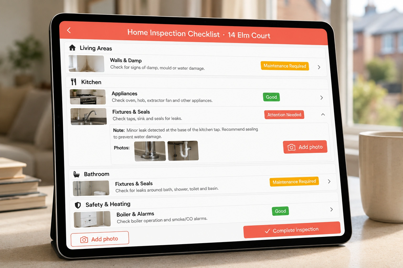 Consistent housing inspection checklist with photo evidence and status