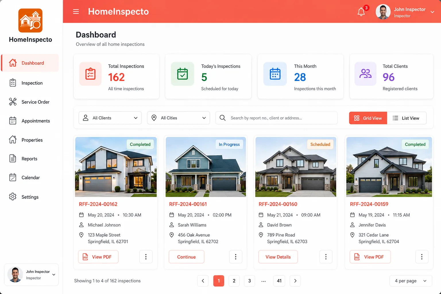 Inspection dashboard with totals, filters, search and grid or list views