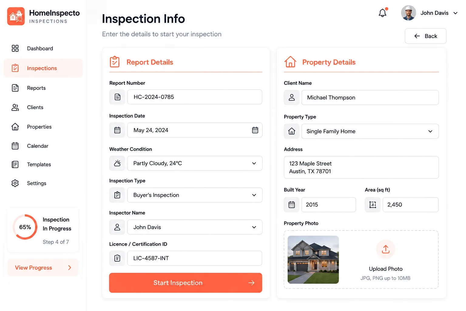 Inspection info screen capturing report number, weather, inspection type and property details