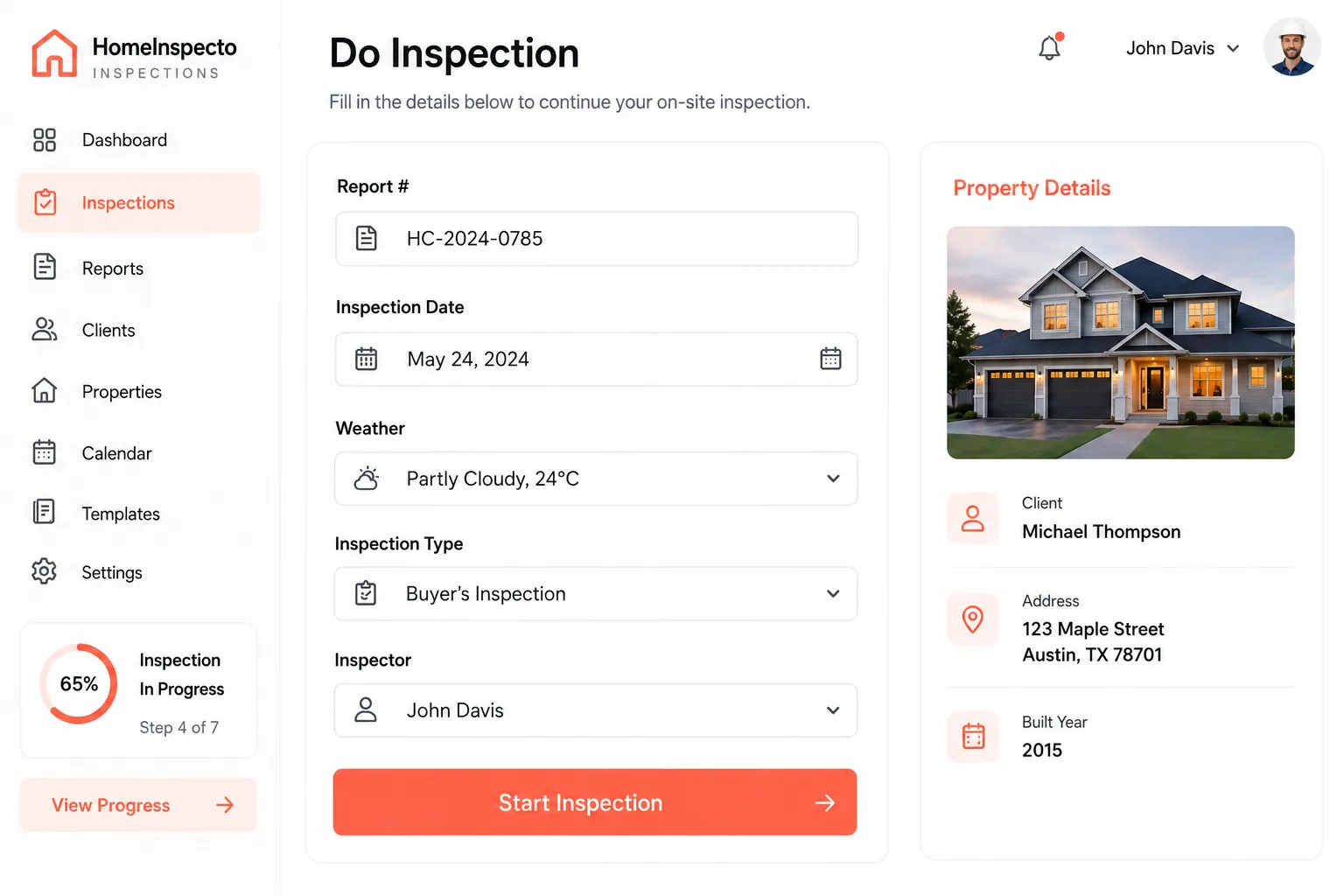 Home Inspecto app showing the on-site inspection screen with report and property details