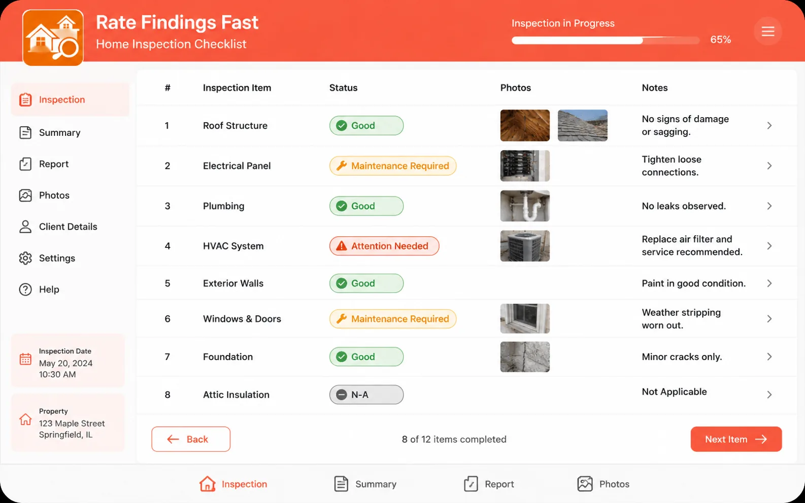 Rating an inspection finding as Good, Maintenance Required, Attention Needed or N/A with photos