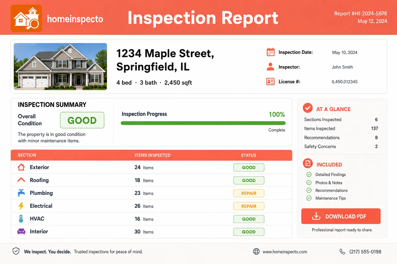 Home Inspecto inspection report dashboard with generated PDF reports