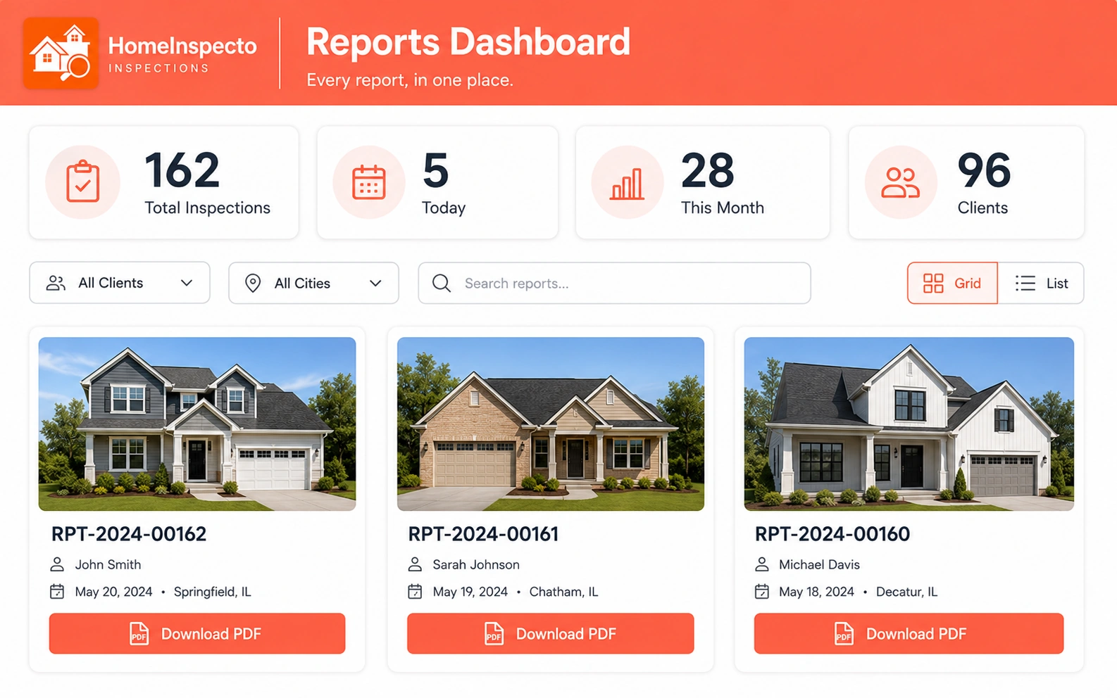 Inspection report dashboard with totals, filters, search and PDF export