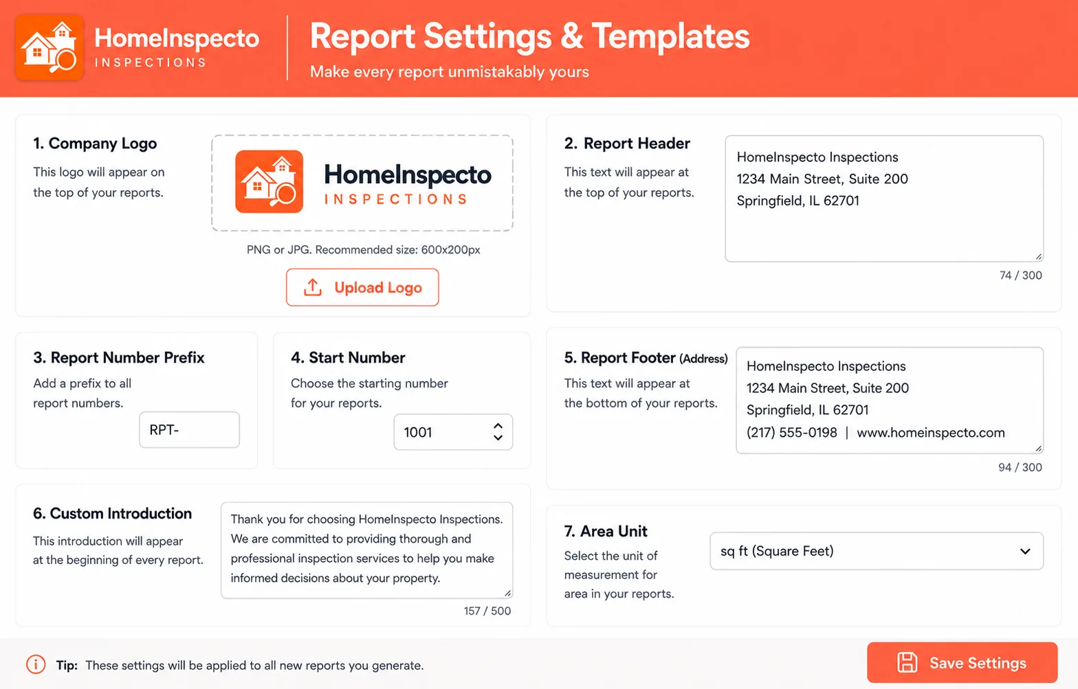 Report settings with company logo, header, footer, prefix and introduction