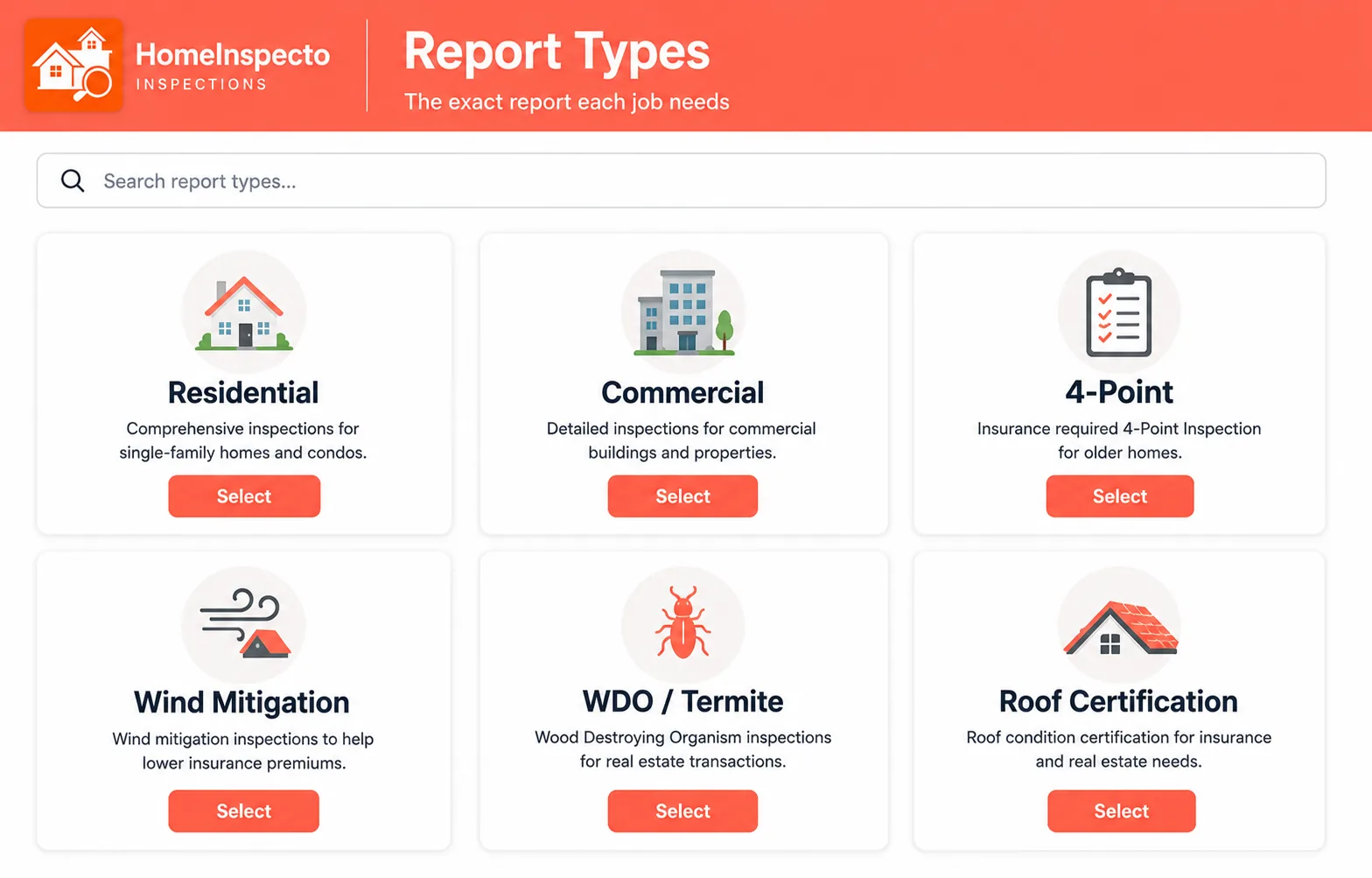 Choosing the inspection type for a report — residential, 4-point, wind mitigation and more