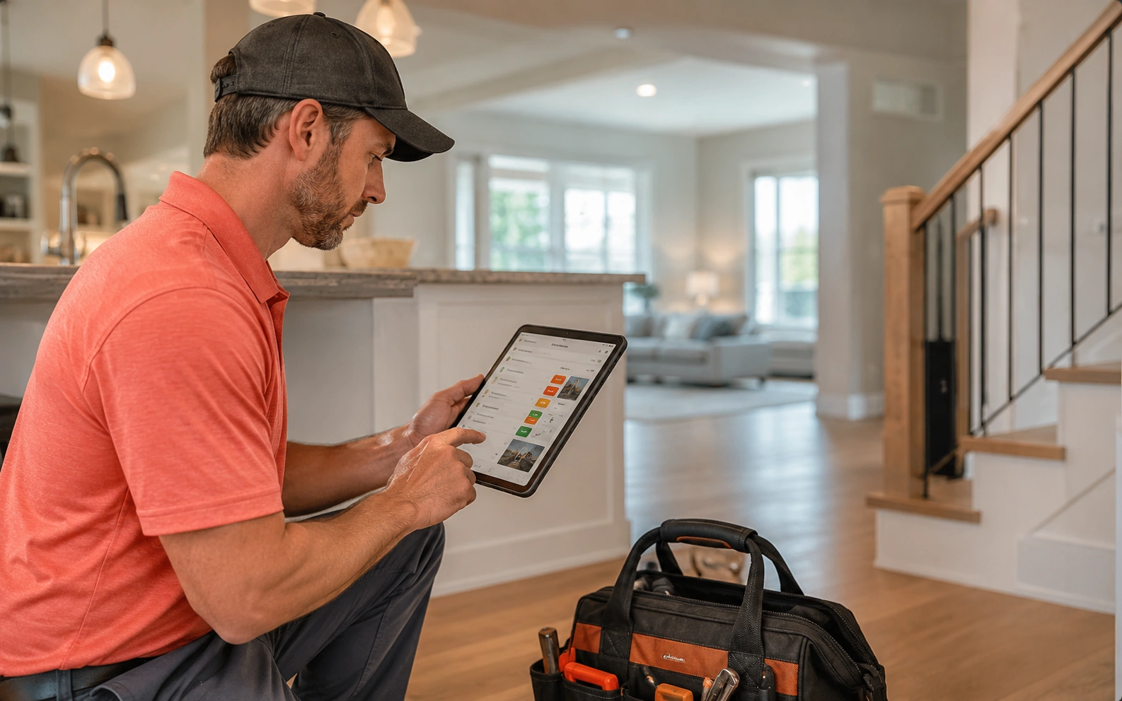Home inspector using the Home Inspecto app on a tablet on-site