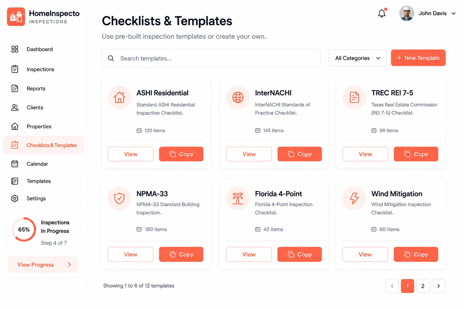 Checklist library with ASHI, InterNACHI, TREC, NPMA-33 and Florida inspection templates