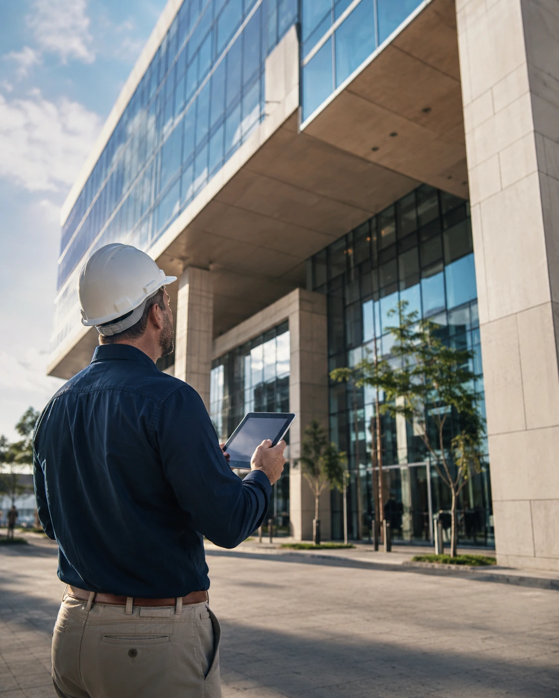 Commercial inspector working on a large building