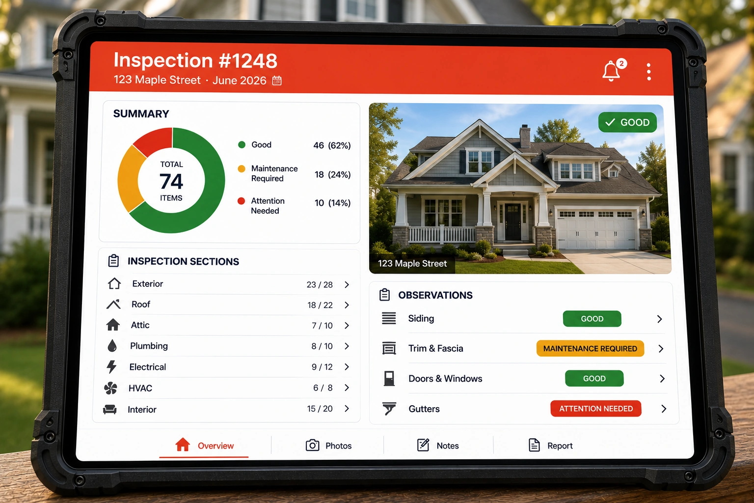 Home Inspecto app showing an inspection dashboard on a tablet