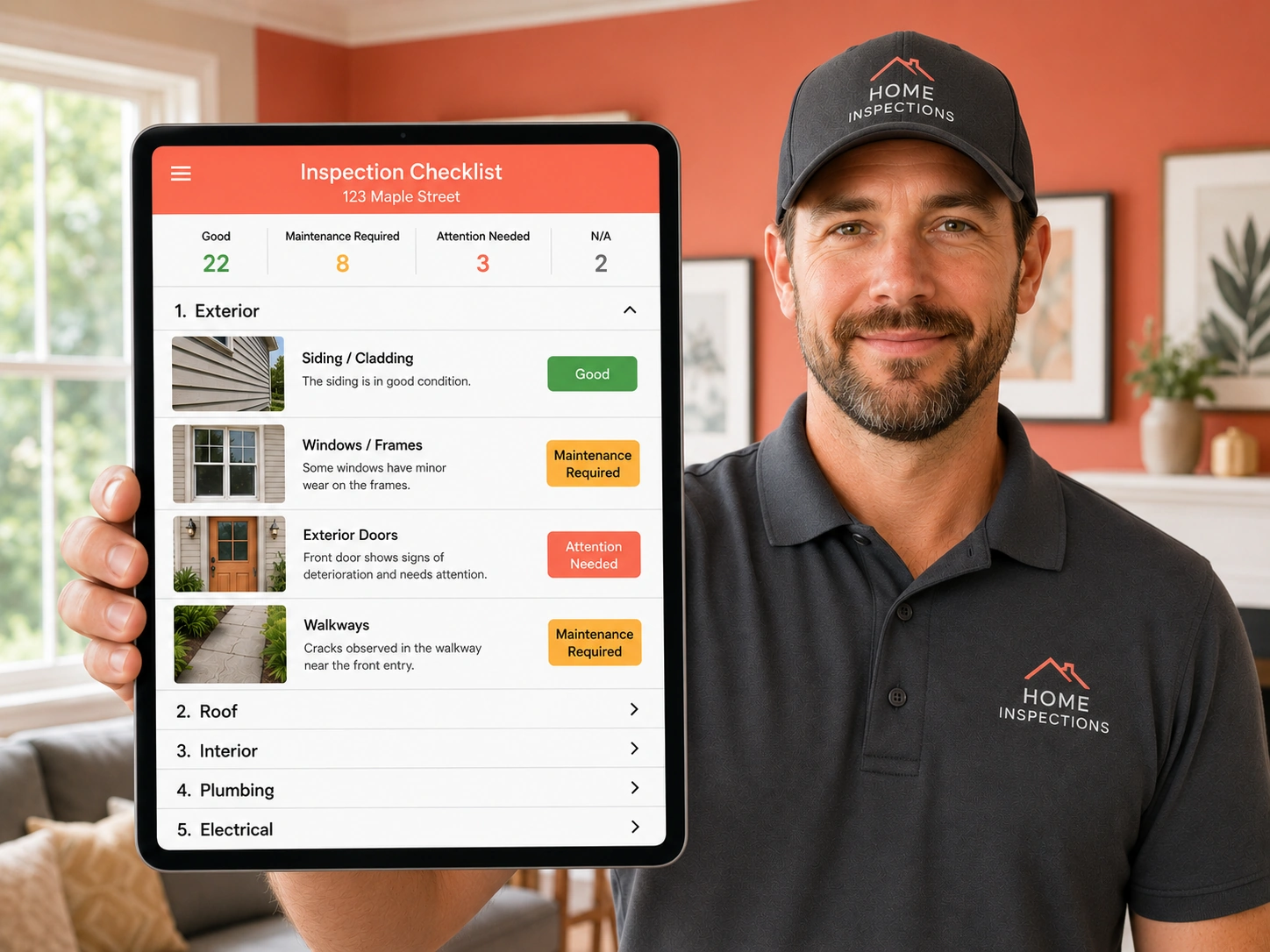 Inspection checklist with sections, status pills and photos on a tablet