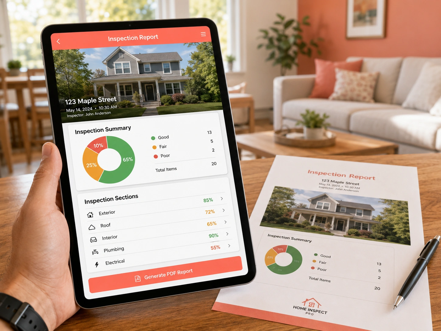 Branded inspection report with summary score and section scores