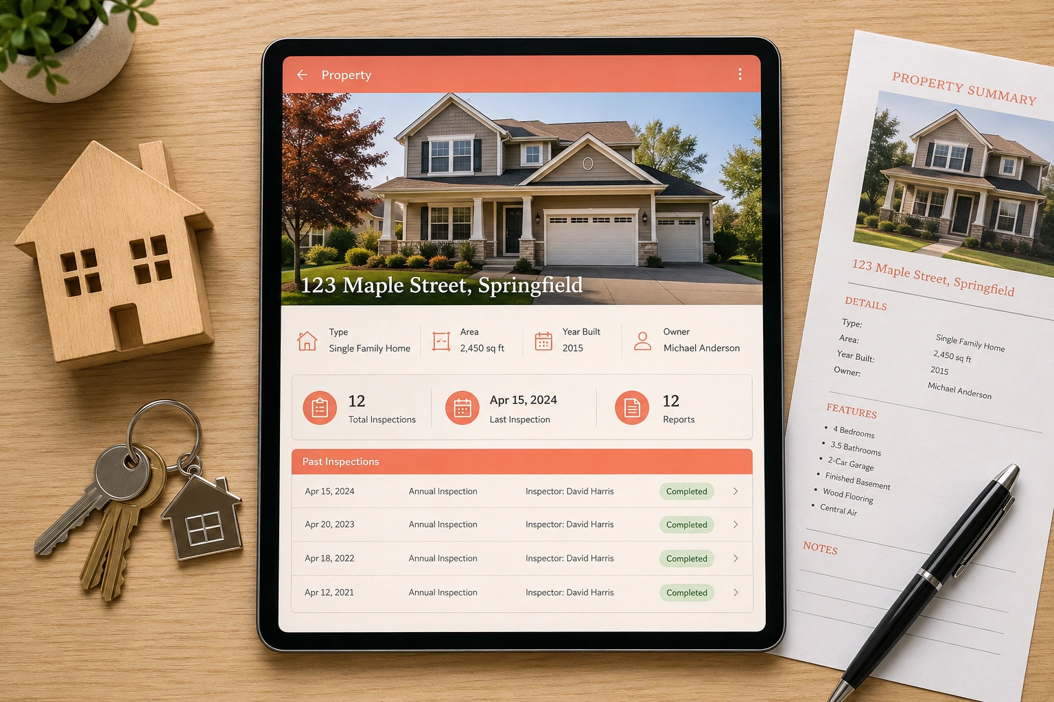 Property record with a home photo, details and past inspection history
