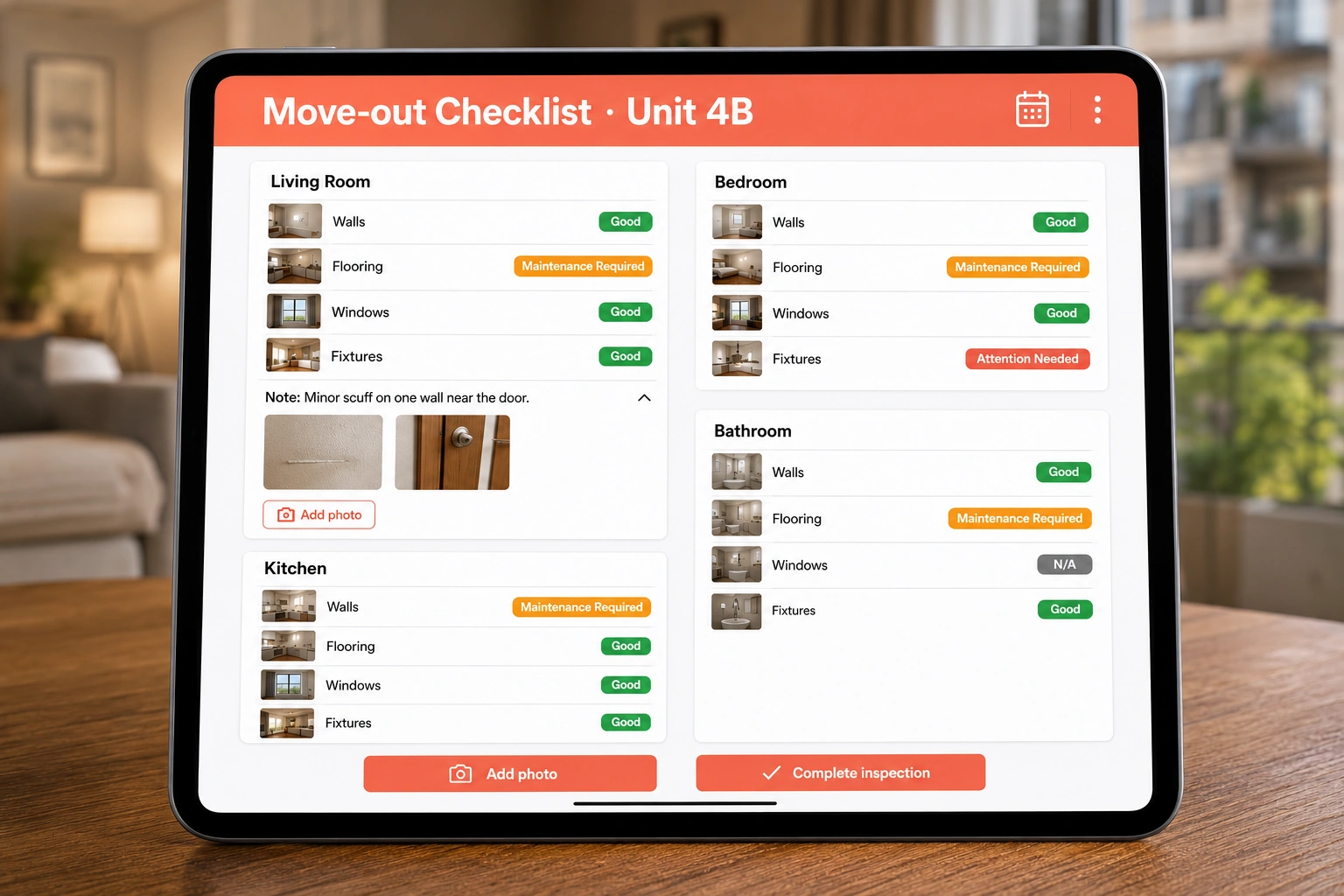 Standard move-in and move-out unit checklist with photos and status
