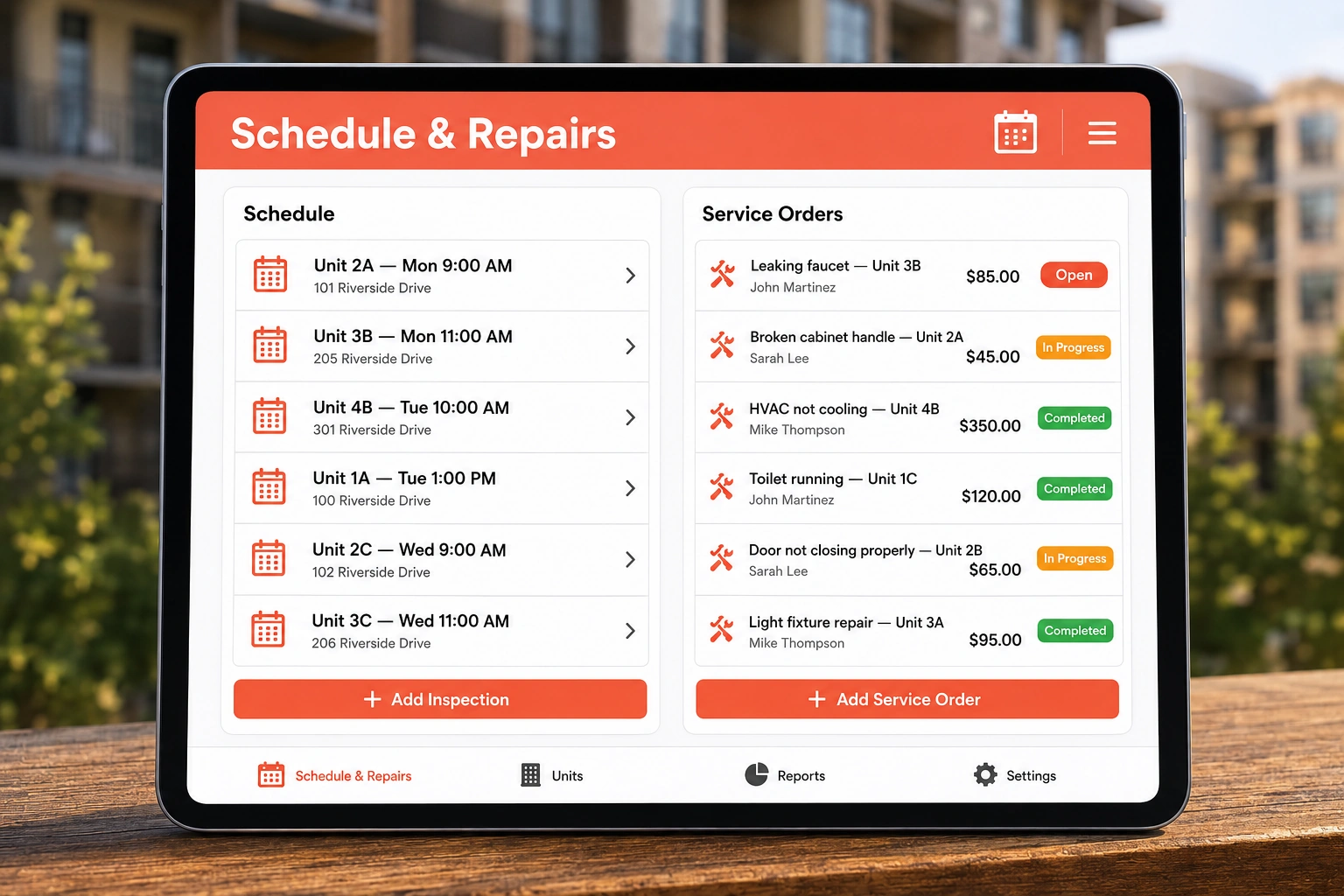 Scheduling unit inspections and tracking repairs across a multi-family property