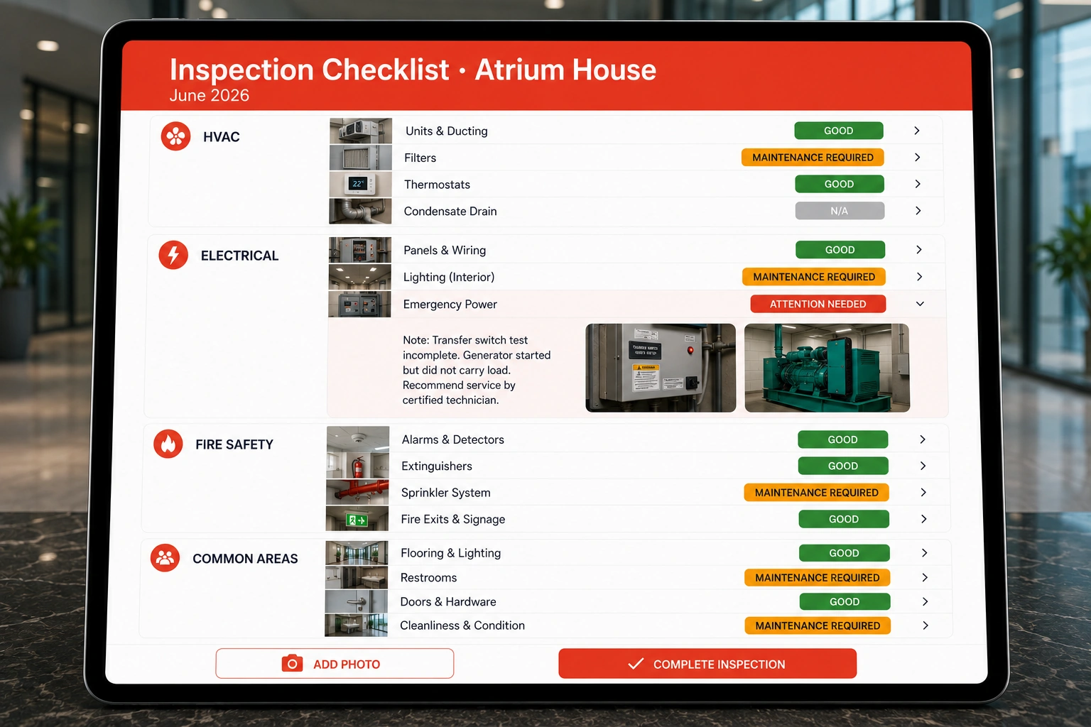 Custom office building inspection checklist with systems, photos and status