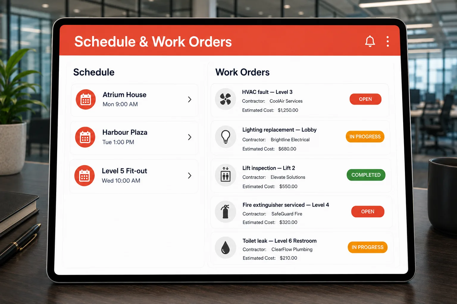 Scheduling office inspections and tracking repair work orders