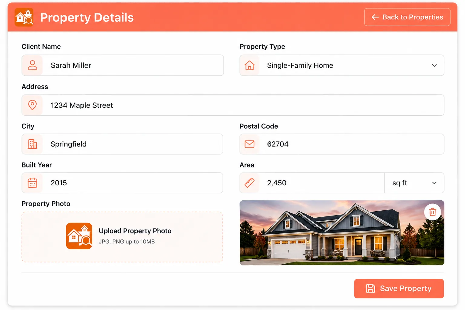 Property details form with client name, property type, address, city, postal code, built year and area