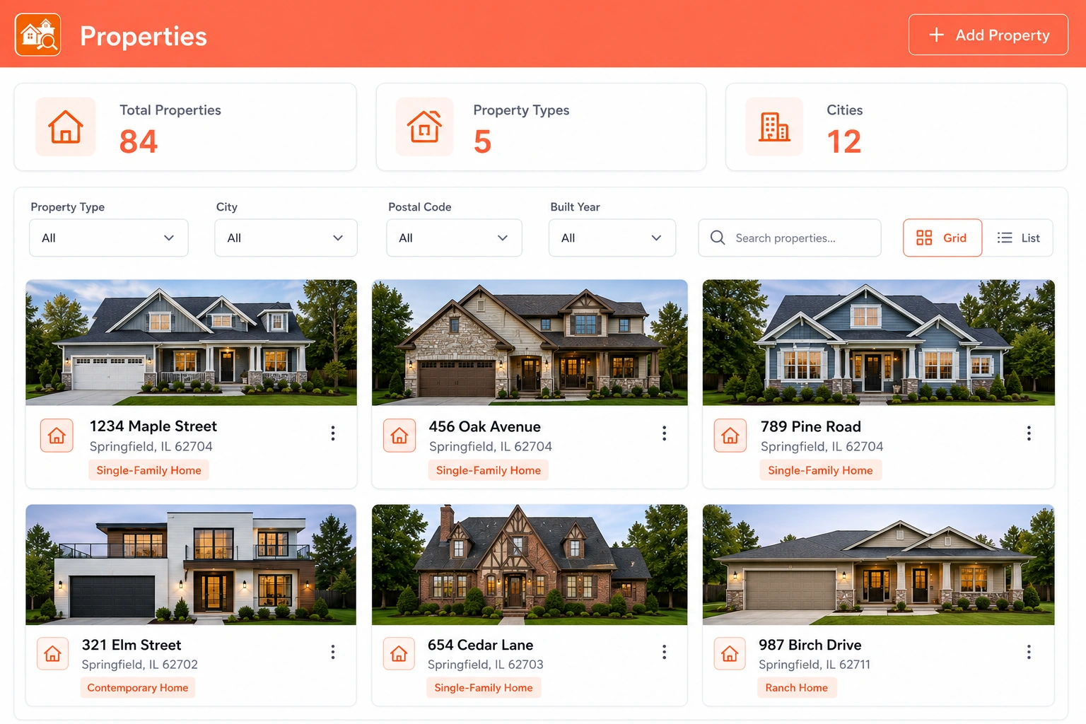 Filtering properties by type, city, postal code and built year with search