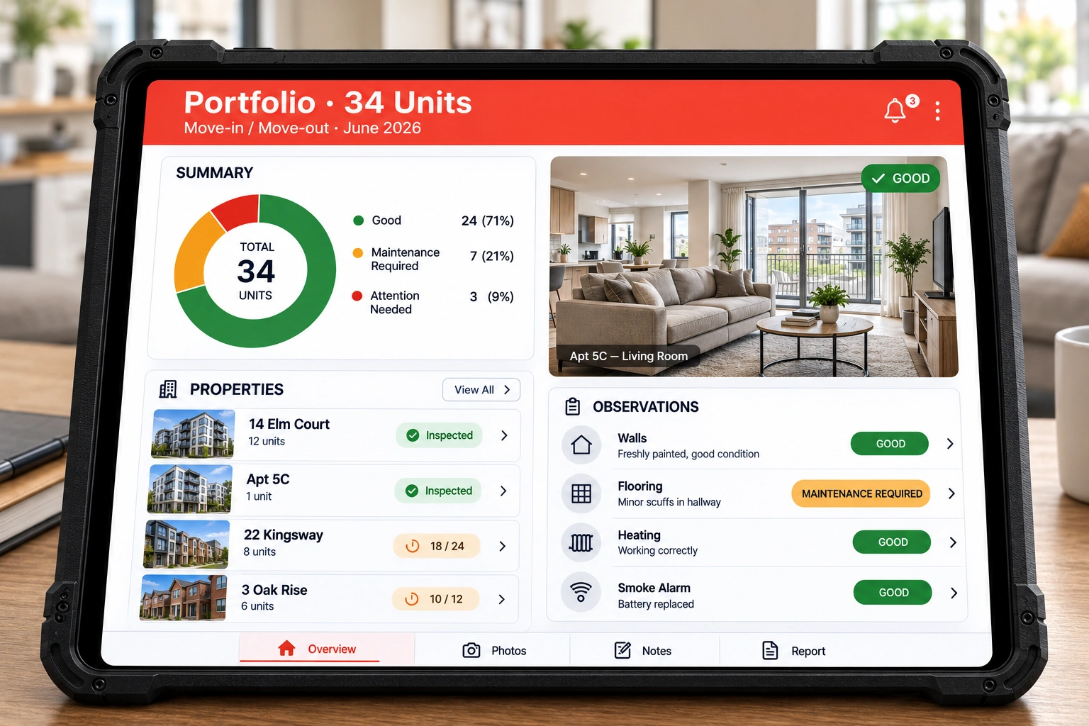 Home Inspecto app showing a property portfolio dashboard on a tablet