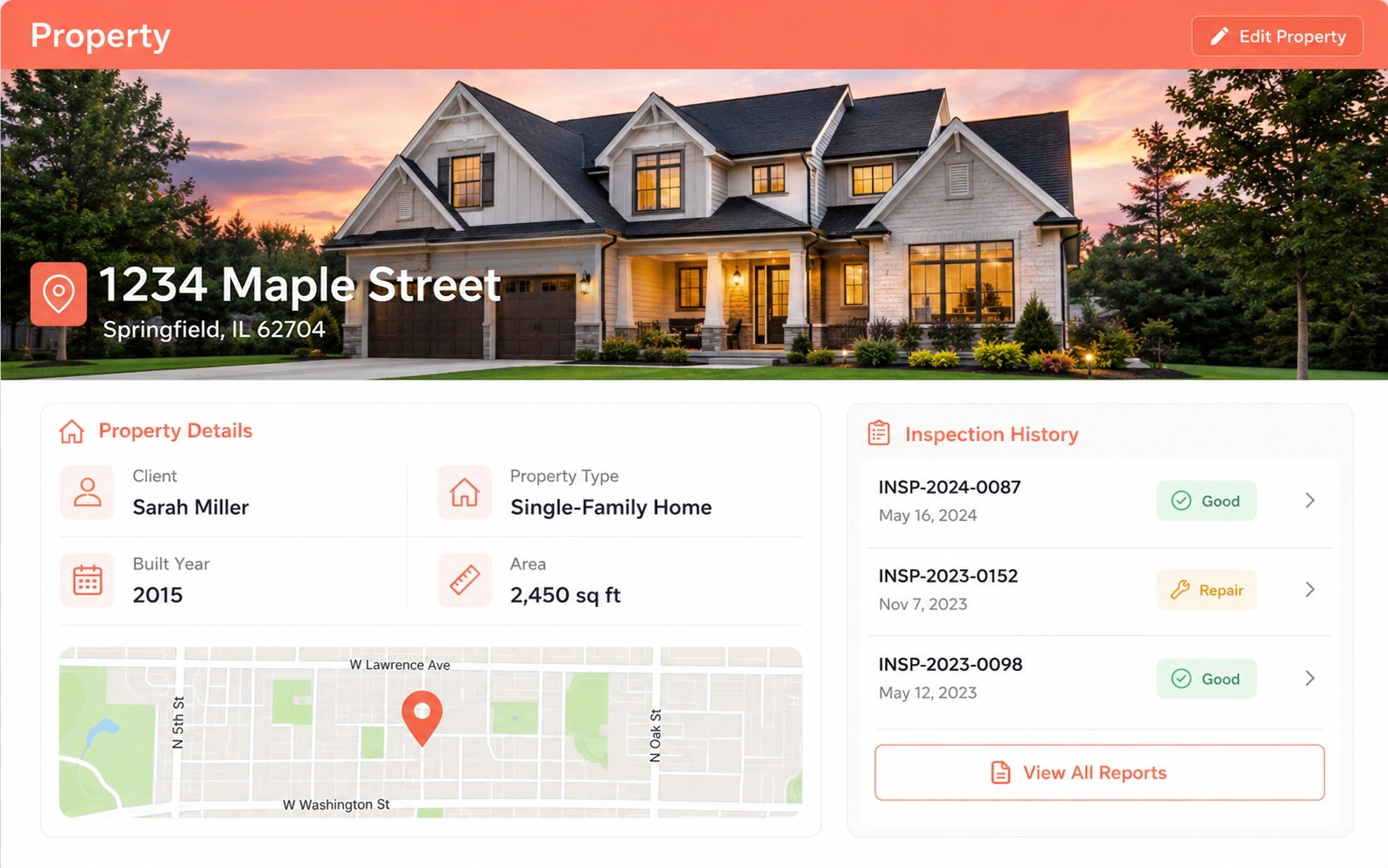 Home Inspecto property records with client, type, address, built year and area