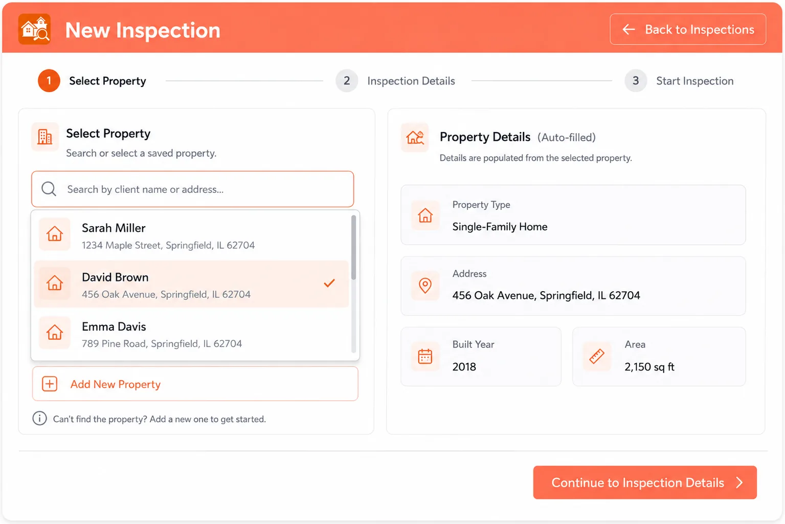 Selecting a saved property when starting a new inspection