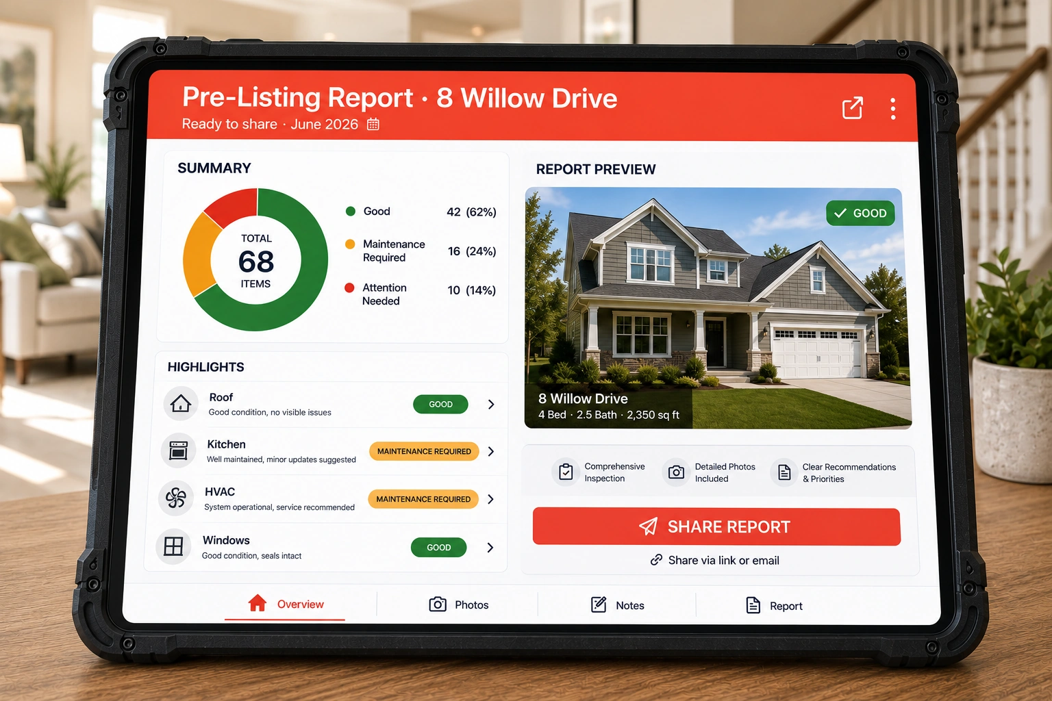 Home Inspecto app showing a shareable property condition report on a tablet