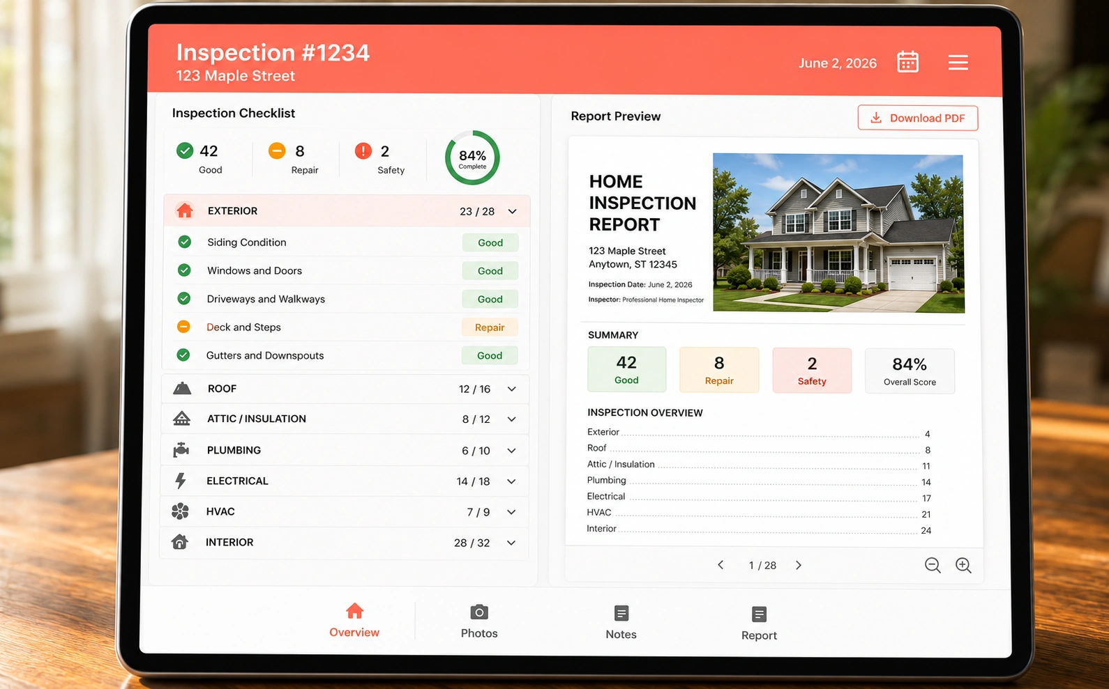 Standard residential inspection checklist with photos and a status on every item