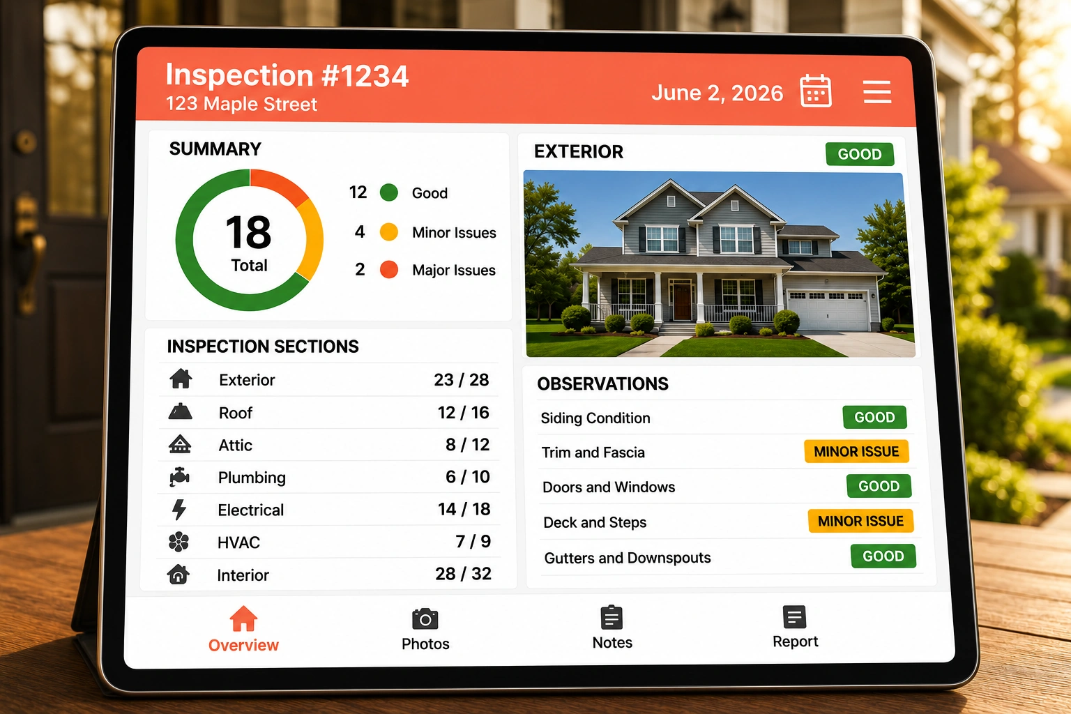 Residential home inspection app showing a branded inspection report on a tablet