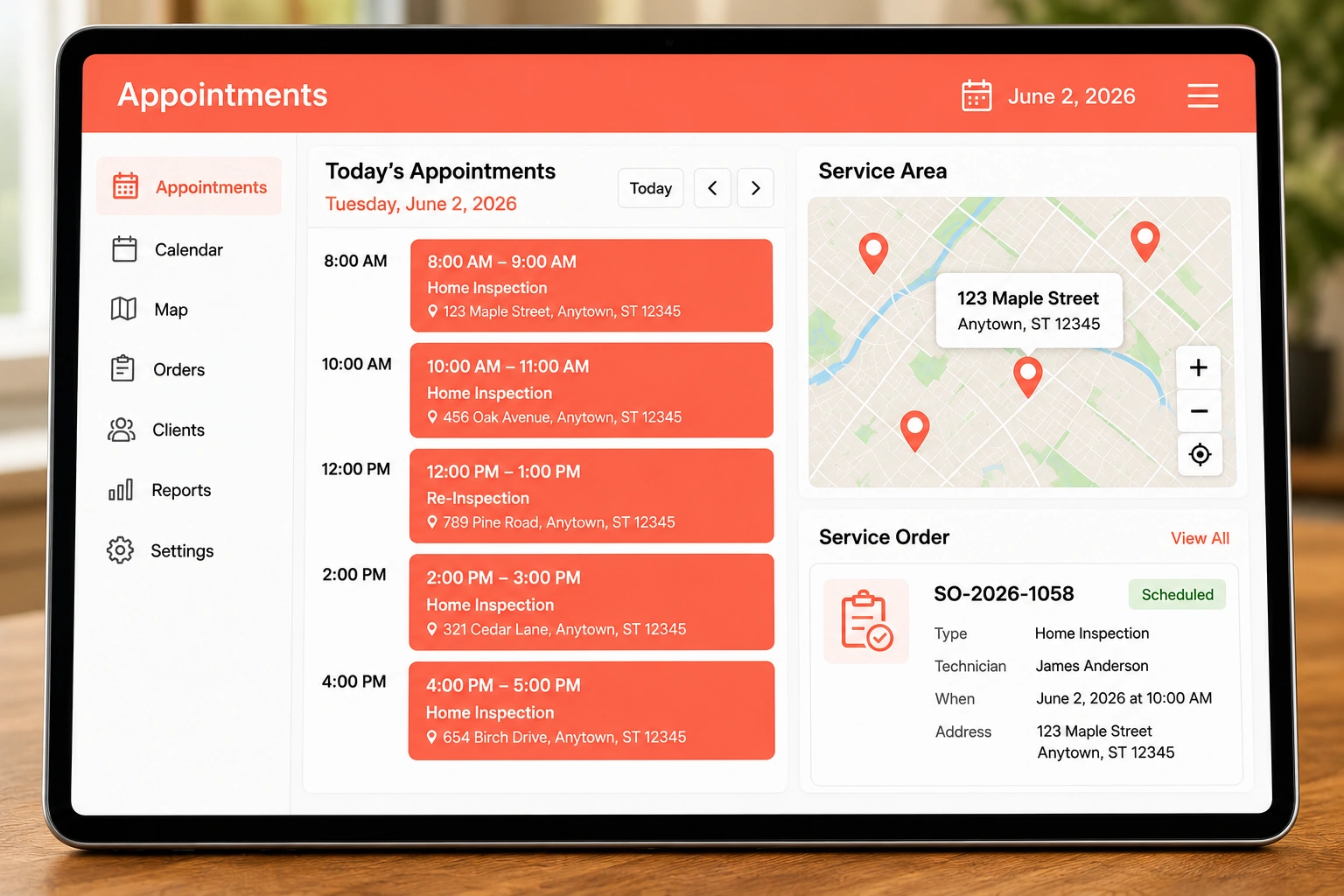 Scheduling residential inspections on a calendar and tracking repair work orders