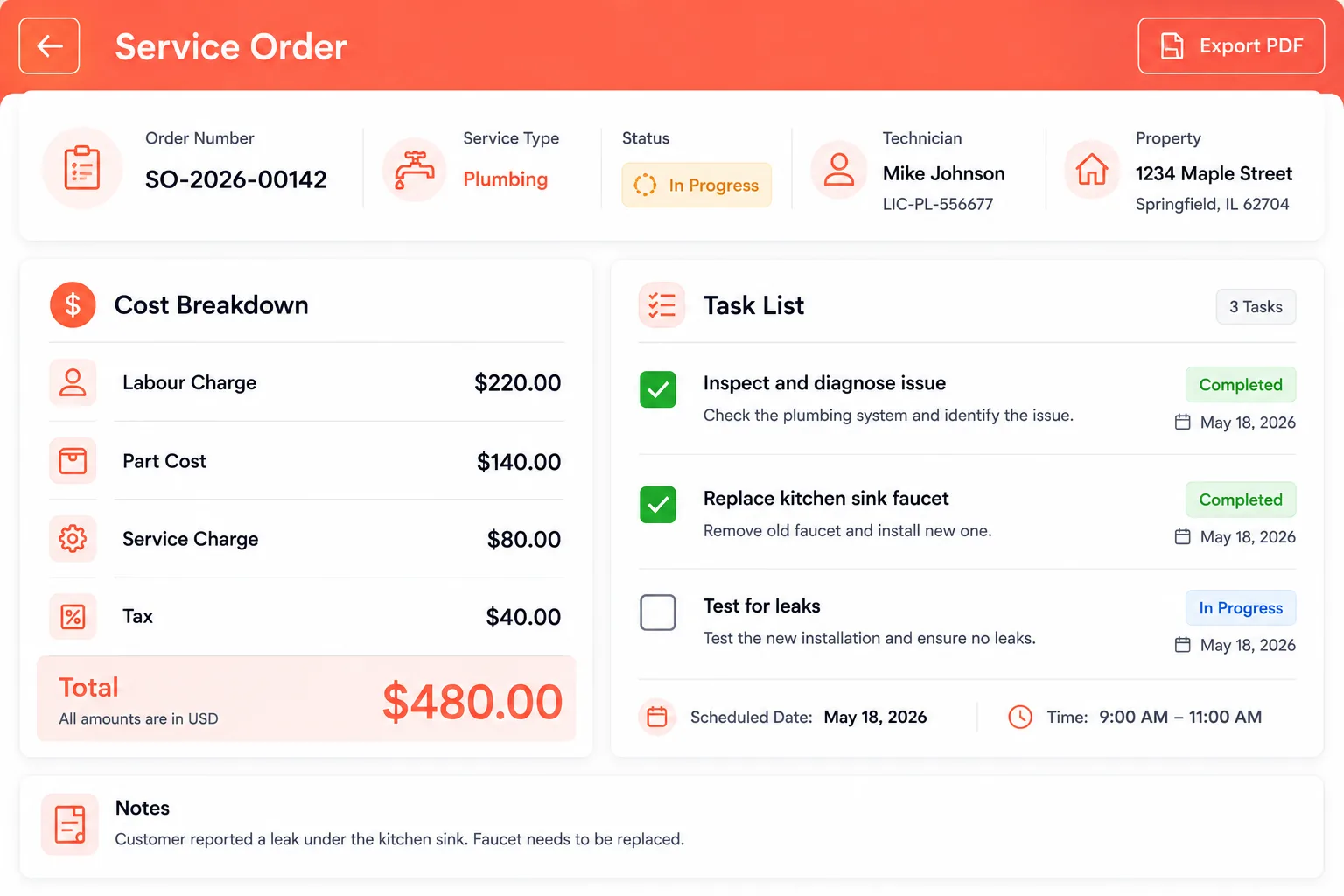 Service order cost breakdown — labour, parts, service charge, tax and total, with tasks