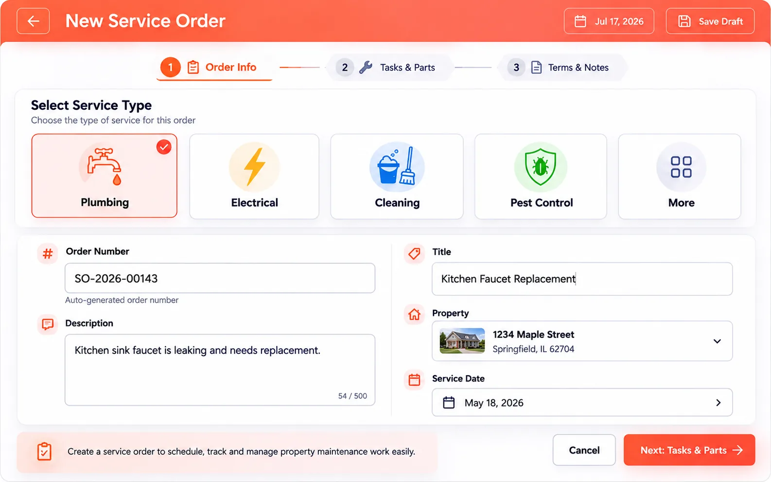 Creating a service order by type — plumbing, electrical, cleaning, pest control