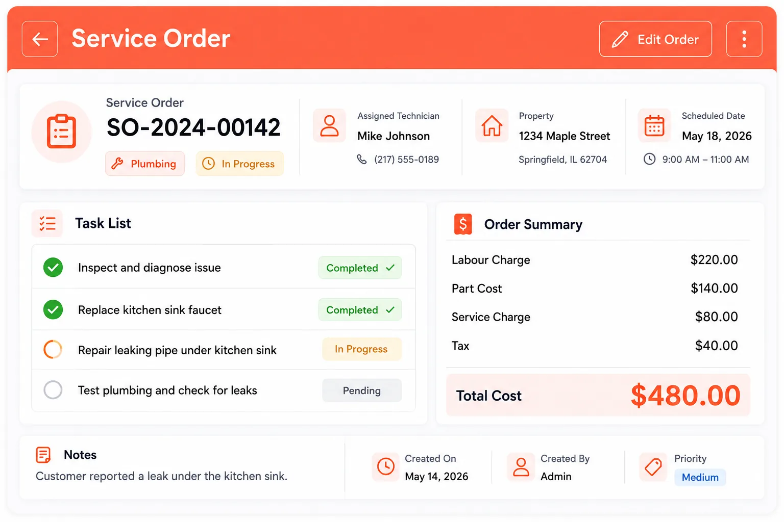 Home Inspecto service order screen with type, technician, cost and status