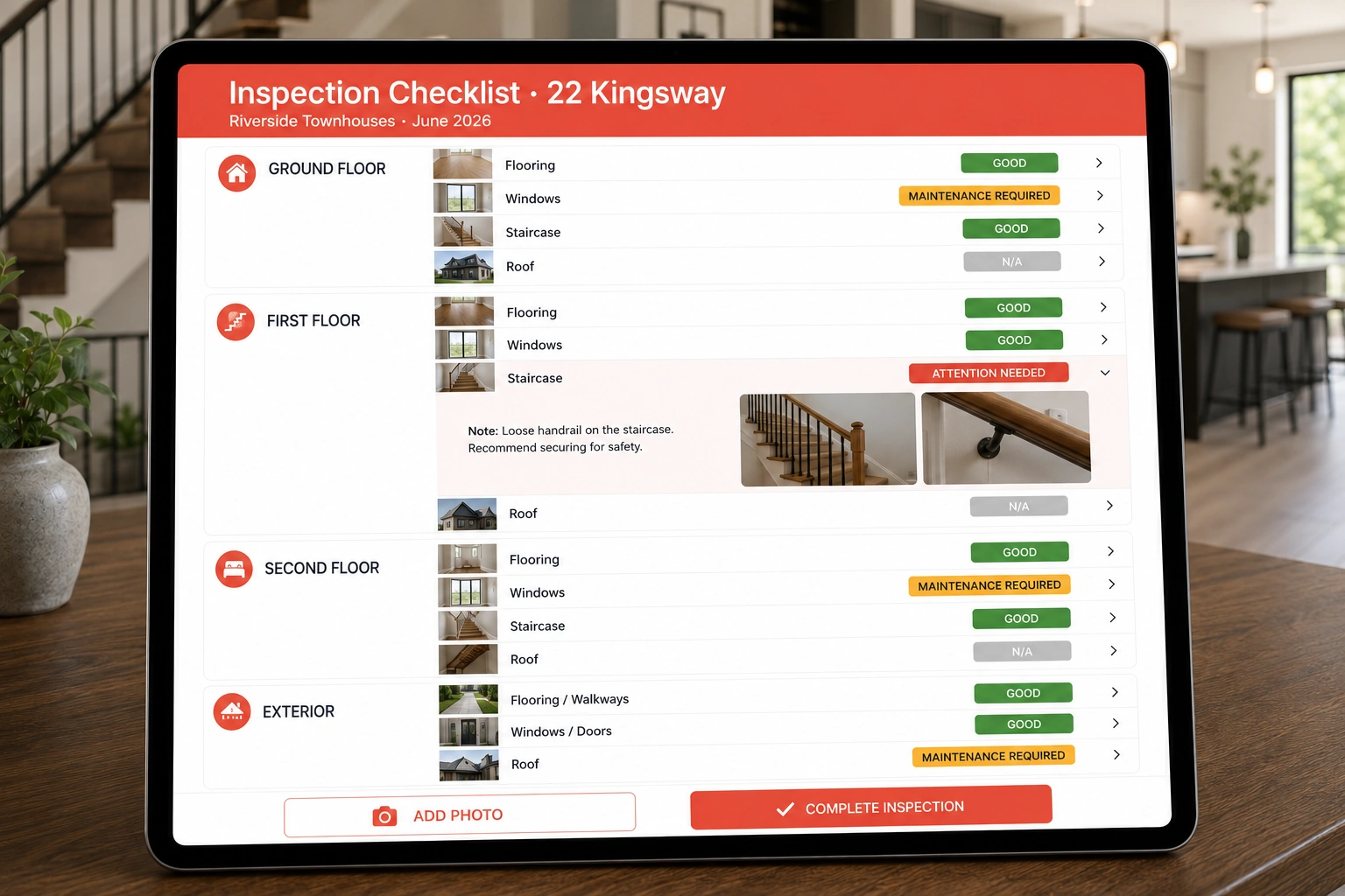 Townhouse inspection checklist with photos and status on every item