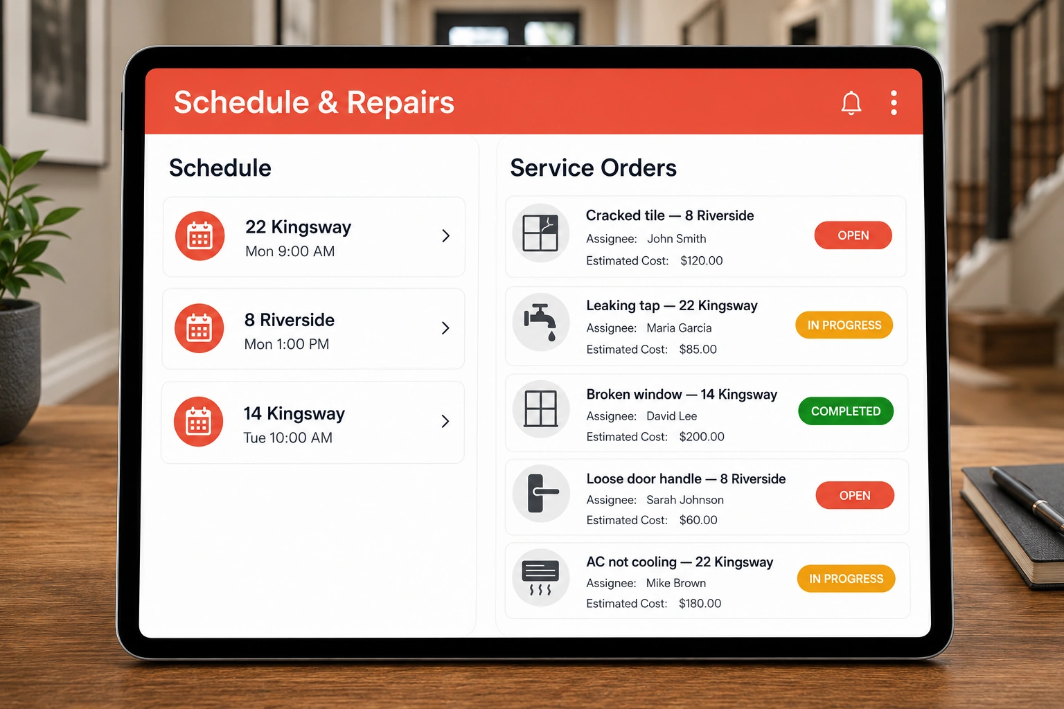 Scheduling townhouse inspections and tracking repairs