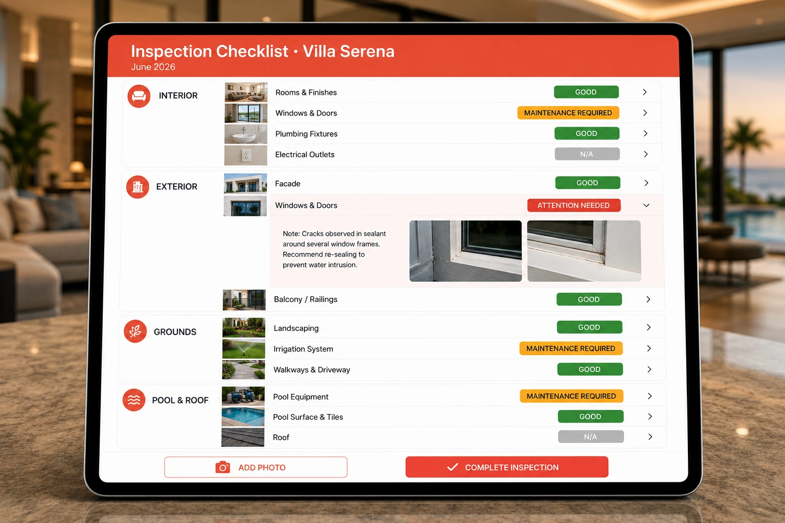 Villa inspection checklist covering interior, exterior and grounds