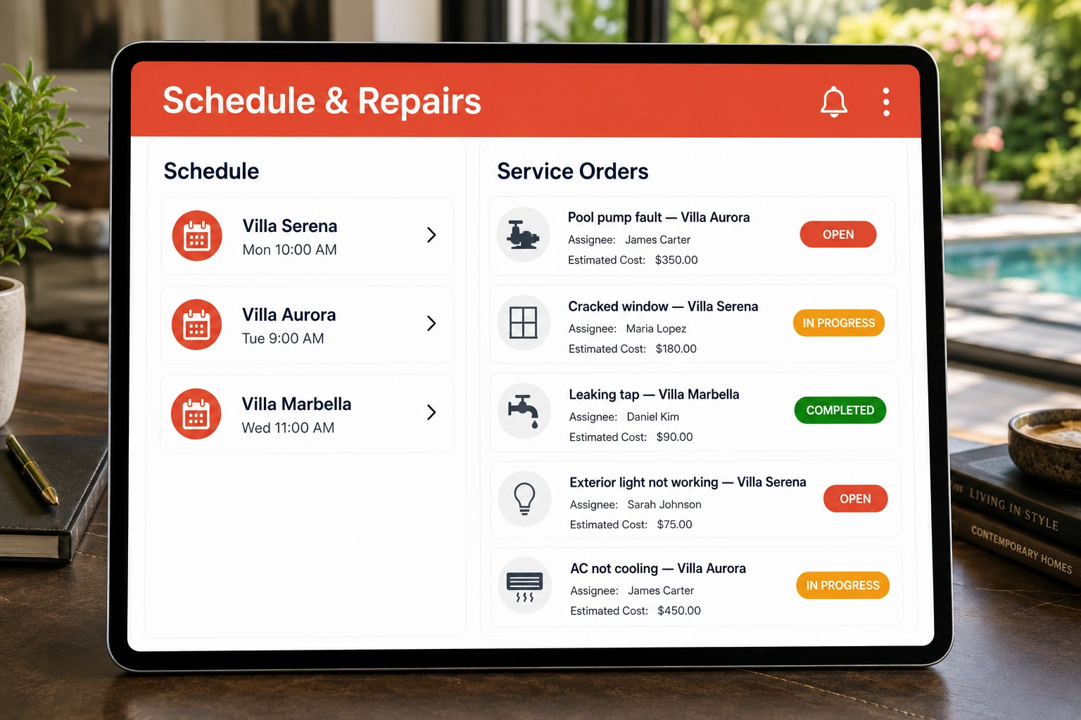 Scheduling villa inspections and tracking repairs